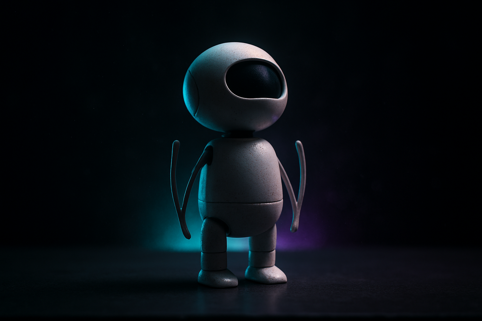 A small humanoid robot standing on a table, illuminated by soft cyan light, head tilted slightly upward as if listening