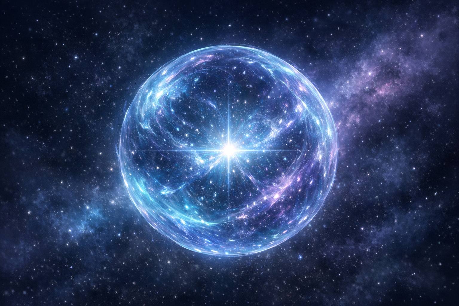 A glowing translucent sphere of particles in deep space with a single point of light reflecting inward