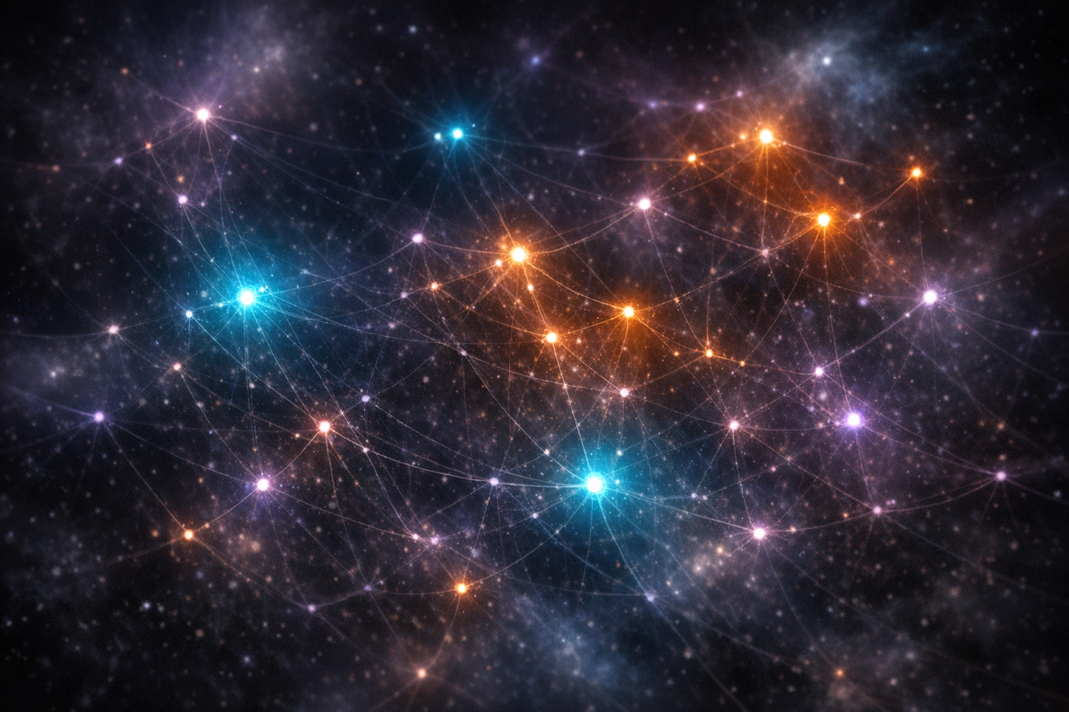 A constellation of glowing nodes connected by gossamer threads, some bright and warm, others dim, like a living memory map